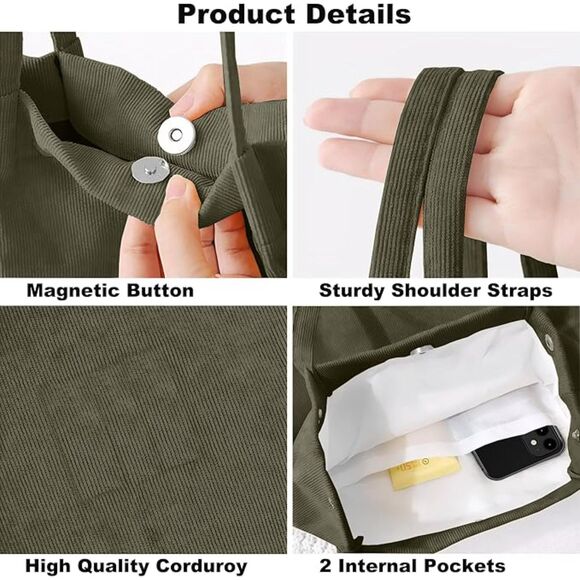 Women Army Green Imported Corduroy Small Canvas Shoulder Handy Tote Bag - Picture 4 of 4